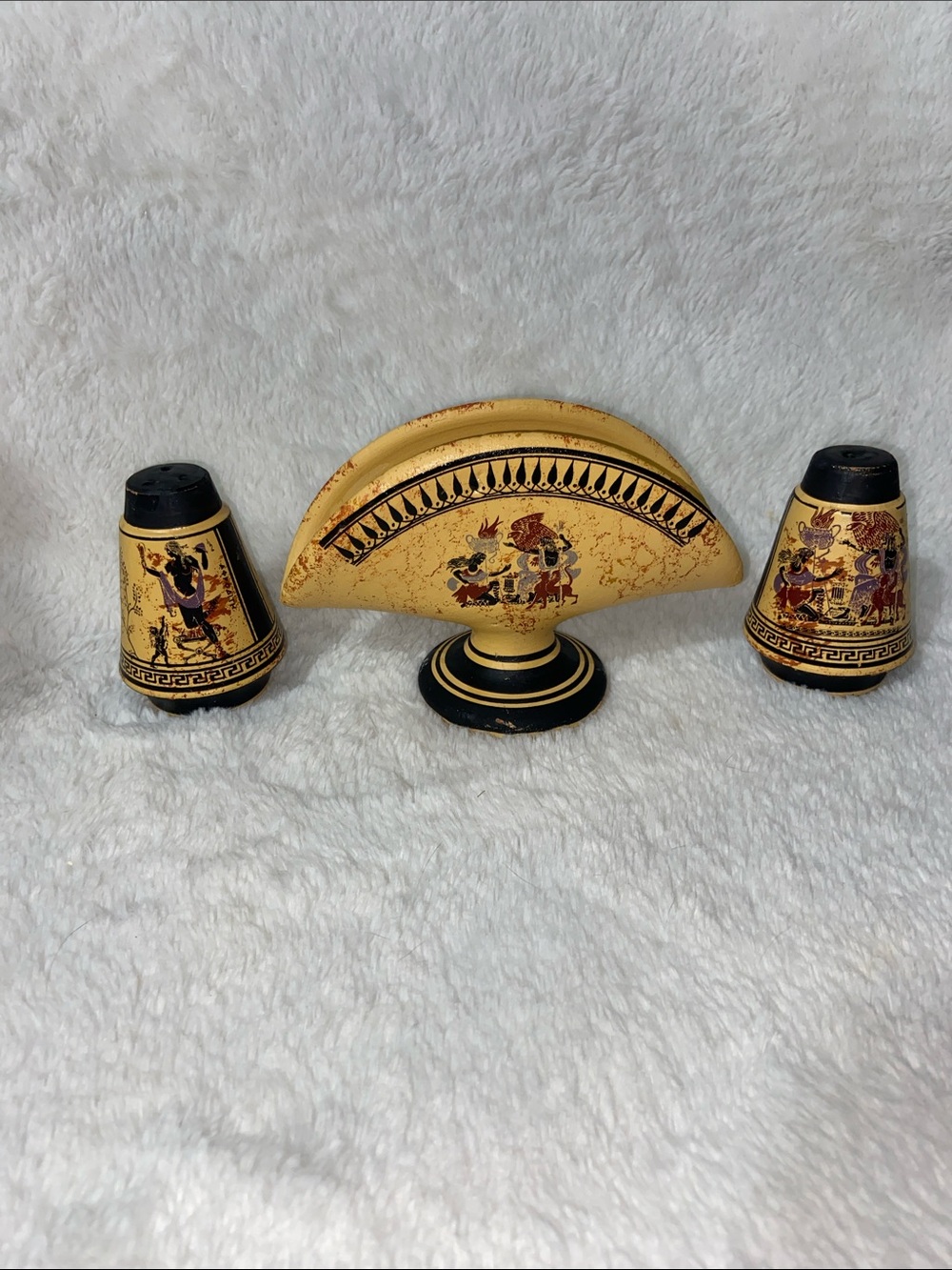 Vintage Greek-Style Napkin Holder & Salt & Pepper Shakers - Yellow Black